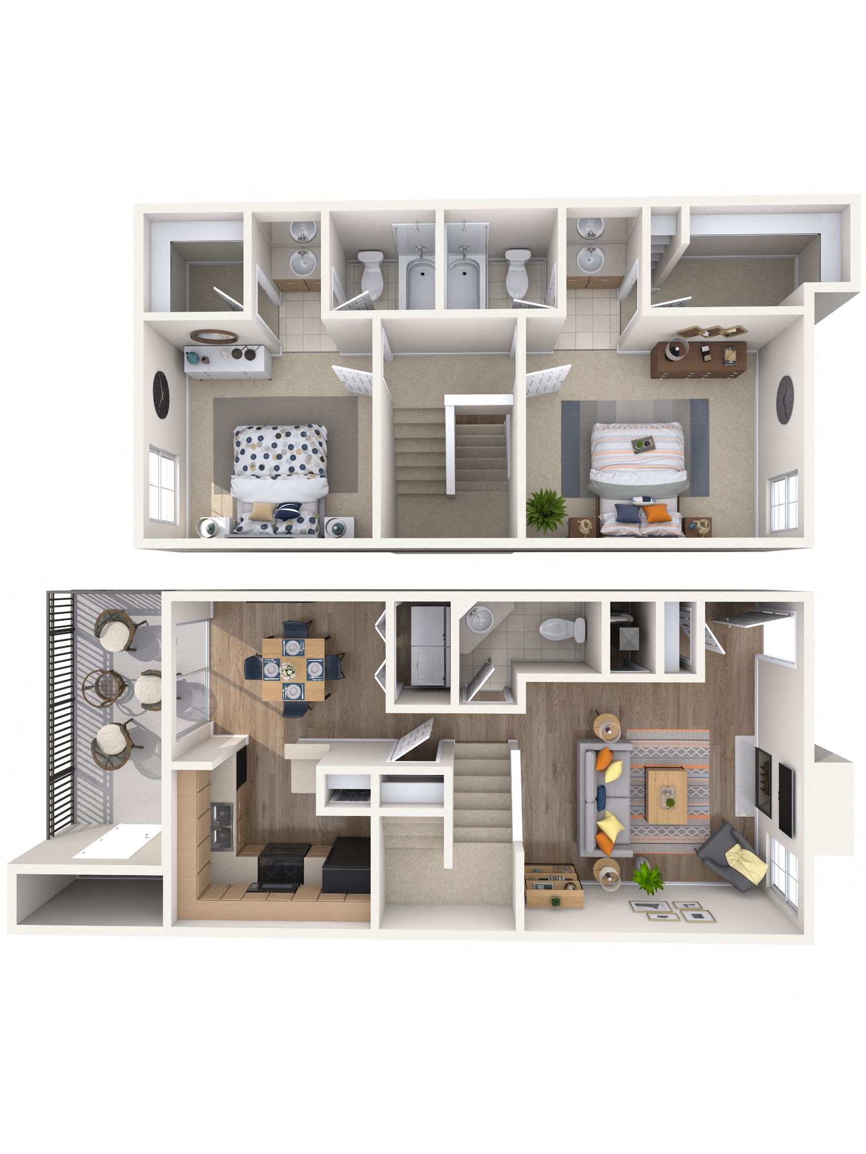 a stylized 3d floor plan of a house with two different views