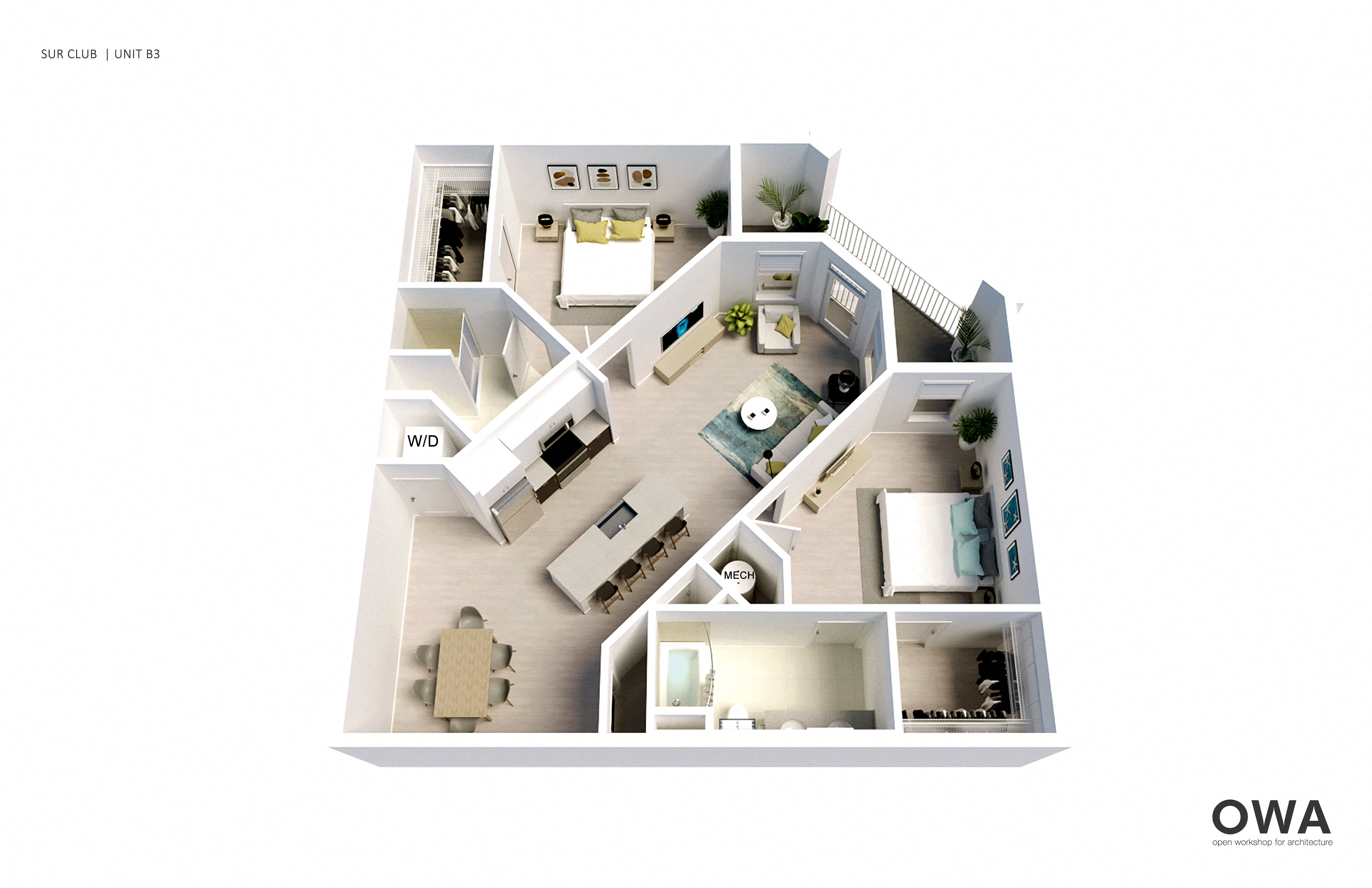 A 3D model of a house layout with the text