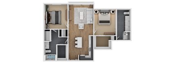 A top-down view of a modern apartment layout.