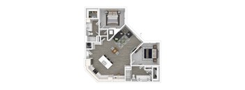A top-down view of a house floor plan with a living room, kitchen, dining area, and bedrooms.