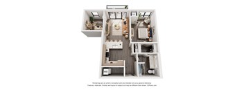 A 3D floor plan of a small apartment with a kitchen, living room, and bathroom.