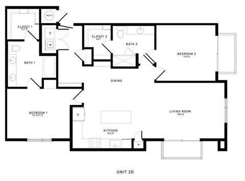 A black and white image of a floor plan for a 2D unit.