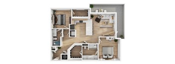 A top-down view of a house layout with a living room, kitchen, and bedrooms.