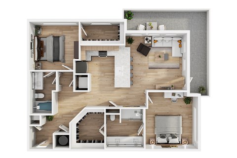 A top-down view of a house layout with a living room, kitchen, and bedrooms.