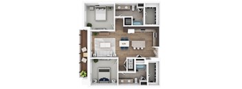 A floor plan of a house with a kitchen, living room, and two bedrooms.