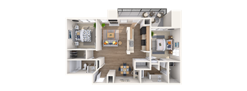 A 3D rendered image of a modern apartment layout.