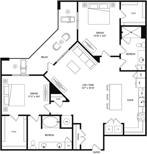 A floor plan of a house with rooms labeled as "DREAM", "RELAX", "REFRESH", "LIVE/DINE", "COOK", "W", "D", "STORE", and "