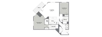 A floor plan of a house with a master bedroom, a living/dining area, a guest bedroom, a kitchen, a bathroom, and a walk-in closet.