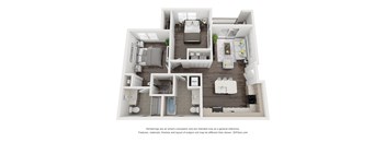 A 3D floor plan of a house with a kitchen, living room, and two bedrooms.