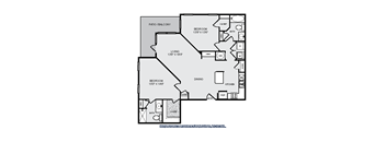 A floor plan of a house with a living room, two bedrooms, a dining room, a kitchen, a bathroom, and a patio.