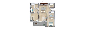 A 3D floor plan of apartment B3 with labeled rooms.