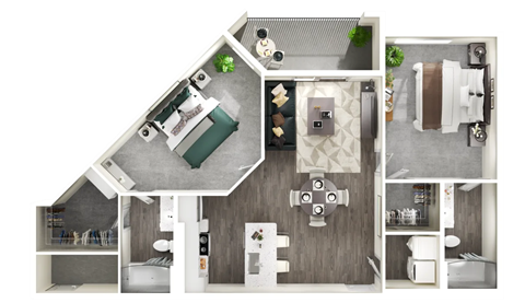 A top down view of a modern apartment with a kitchen, living room, and bathroom.