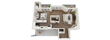 A top-down view of a modern apartment layout with a kitchen, living room, and two bedrooms.