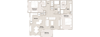 A floor plan of a house with a kitchen, living room, dining room, two bathrooms, and two bedrooms.