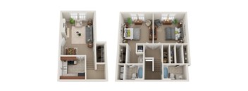 Two images of a small apartment layout with a kitchen, living room, and bathroom.