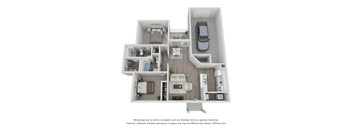 A 3D floor plan of a house with a car parked outside.