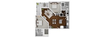A top-down view of a house layout with a living room, kitchen, and two bedrooms.