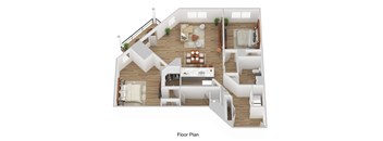 A floor plan of a house with a living room, dining room, kitchen, and two bedrooms.