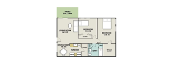 A floor plan of a house with a living room, two bedrooms, a dining room, kitchen, pantry, bathroom, and walk-in closet.