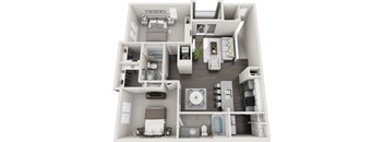 A 3D floor plan of a small apartment with two bedrooms, a living room, and a kitchen.