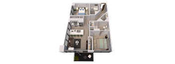A 3D floor plan of a house with a kitchen, living room, bedrooms, and bathrooms.