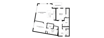 A floor plan of a house with a living room, two bedrooms, a patio, and a master bedroom.