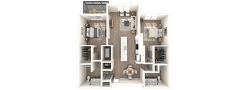 A 3D floor plan of a house with a kitchen, living room, and two bedrooms.