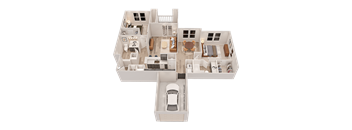 A 3D floor plan of a house with a car parked in the garage.