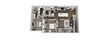 A 3D floor plan of a house with a kitchen, living room, and bedrooms.