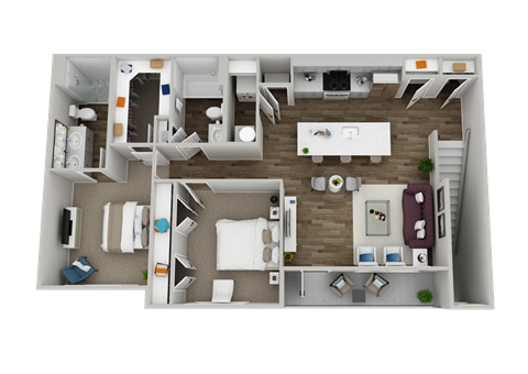 A 3D floor plan of a house with a kitchen, living room, and bedrooms.