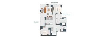 A floor plan of the Viaterra Quartz Countertops shows a living room, dining room, kitchen, and two bedrooms.