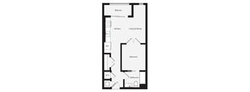 A floor plan of an apartment with a balcony, kitchen, living and dining area, bedroom, bathroom, and two closets.