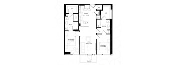 A black and white floor plan of an apartment with two bedrooms, a living room, a kitchen, a bathroom, and a balcony.
