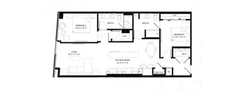 A black and white image of a floor plan for a two bedroom apartment.
