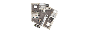 A top-down view of a house layout with a kitchen, living room, dining room, and bedrooms.