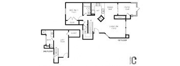 2 bed, 2 bath, 1,080 sq. ft. townhome. From the entry door, the living room is straight ahead, with the dining area and kitchen to the right and a patio accessible from the dining area. A bedroom and bathroom are located on the first floor. Upstairs, there is a loft area, closet, and the second bedroom with an attached bathroom.