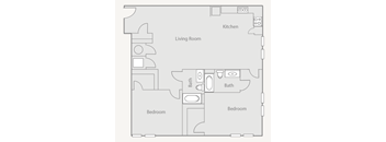 A floor plan of a small apartment with two bedrooms, a living room, and a kitchen.