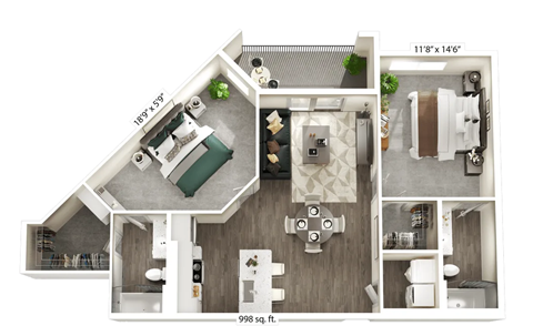 A floor plan of a house with a living room, kitchen, and two bedrooms.