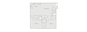 A floor plan of a house with a kitchen, living room, and two bedrooms.