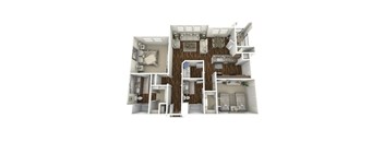 A 3D floor plan of a house with multiple rooms.