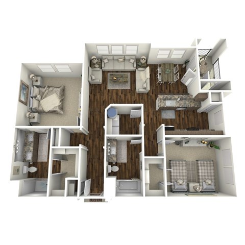 A 3D floor plan of a house with multiple rooms.