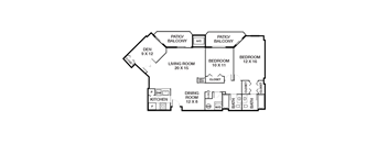A floor plan of a house with two balconies, a living room, two bedrooms, a dining room, a kitchen, and a closet.