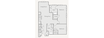 A floor plan of a house with a living room, dining area, kitchen, and two bedrooms.