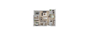 A 3D floor plan of a small apartment with a kitchen, living room, and bedroom.
