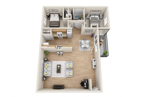 a stylized floor plan with a bedroom and a living room
