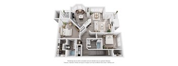 A 3D floor plan of a house with multiple rooms and furniture.