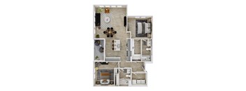 A top-down view of a modern apartment layout with a kitchen, living room, and bedrooms.