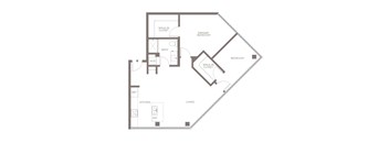 A floor plan of a house with a living room, two bedrooms, a bathroom, a kitchen, and a laundry area.