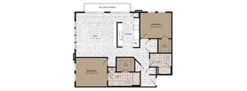 A floor plan of a house with two bedrooms, a living area, a kitchen, and two bathrooms.