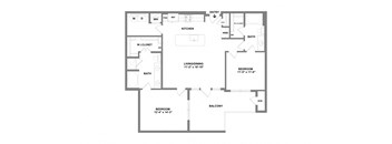 A floor plan of a house with two bedrooms, a living area, and a balcony.